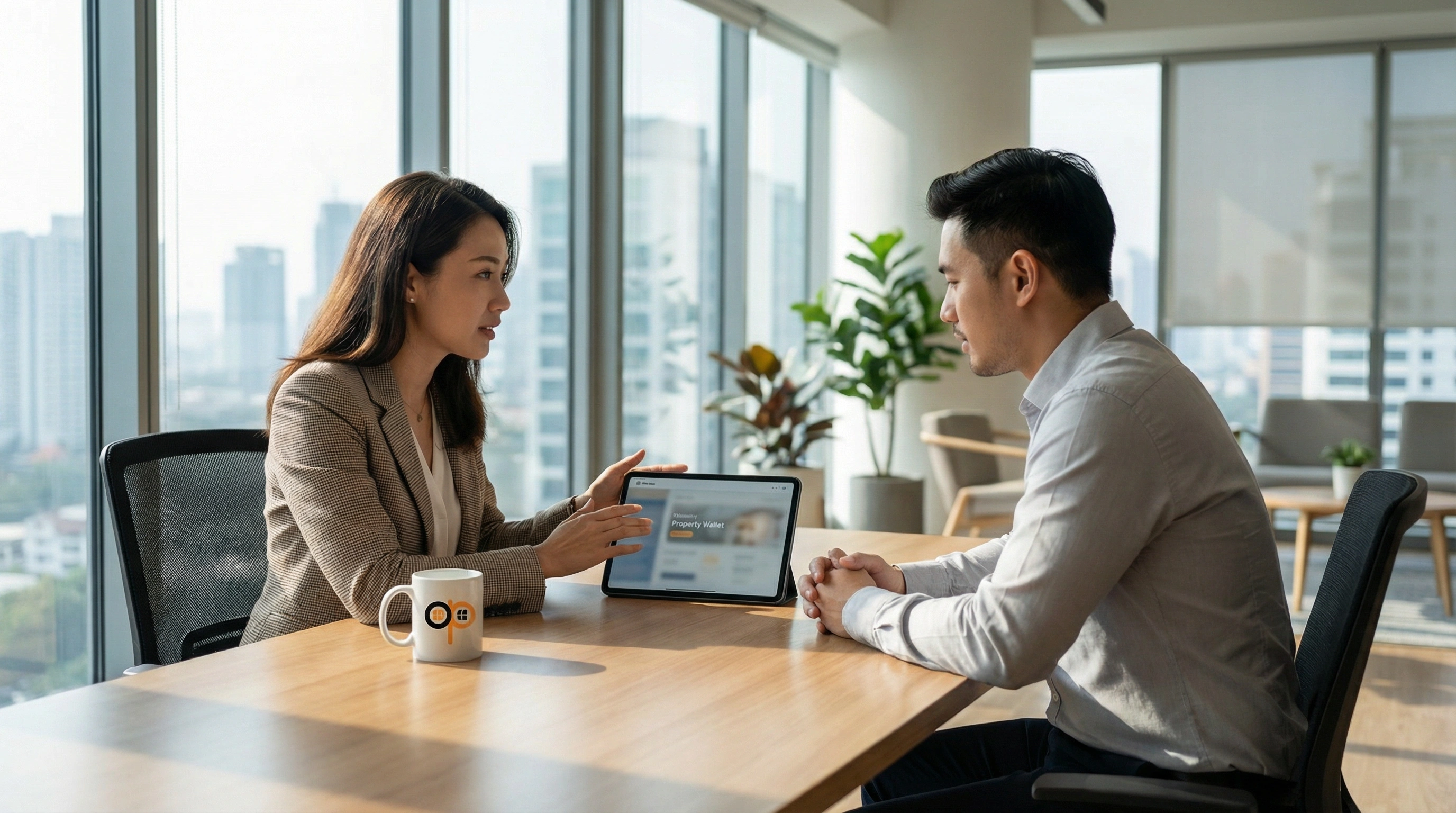 Estate agent consulting with clients using digital tools